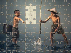 Logħba Children Fishing Teamwork Jigsaw onlajn